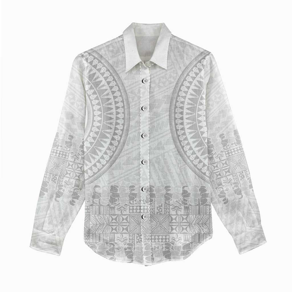 Niue White Sunday Women Casual Shirt Tapu Fanau Ia Puakenikeni Hiapo Pattern LT14 - Polynesian Pride