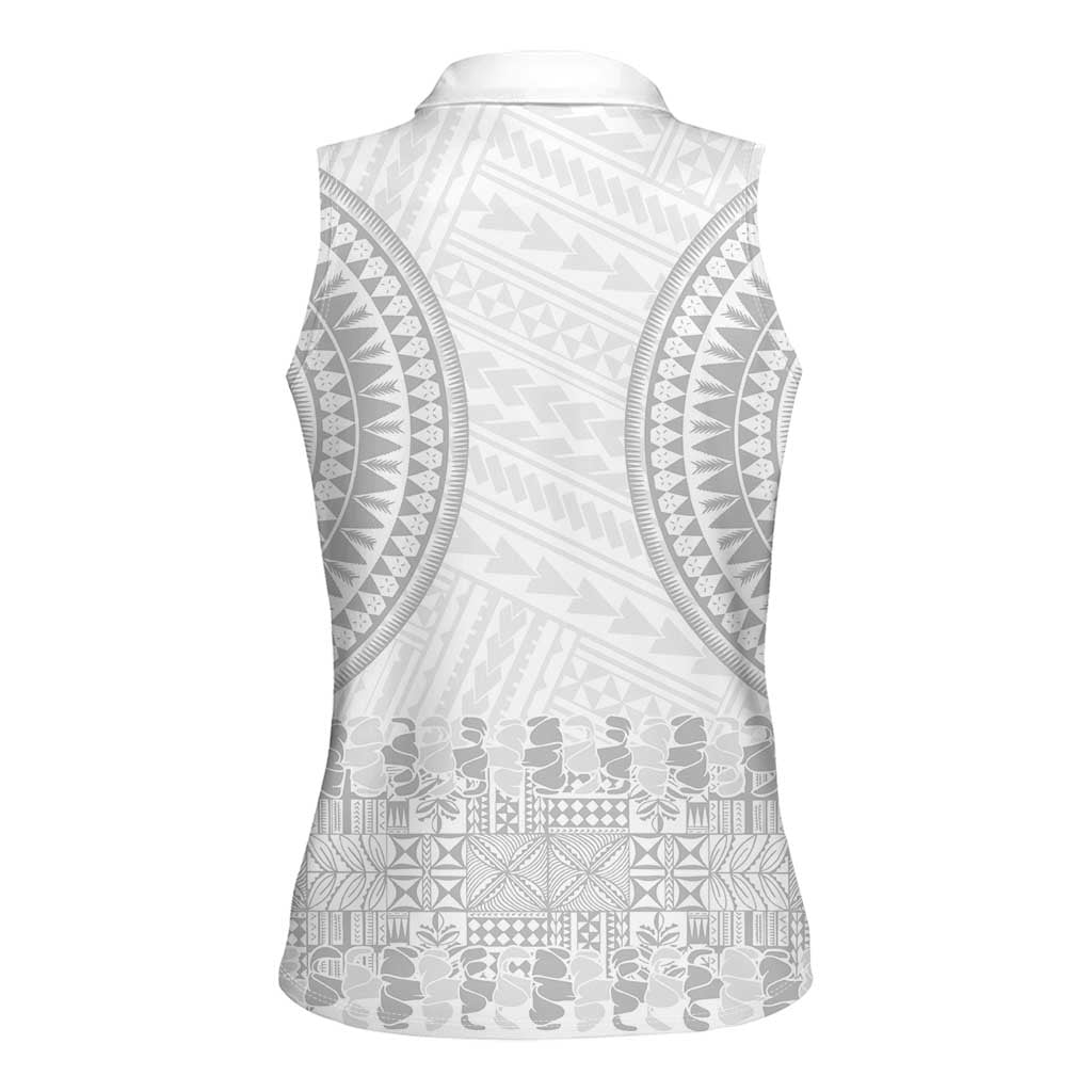 Niue White Sunday Women Sleeveless Polo Shirt Tapu Fanau Ia Puakenikeni Hiapo Pattern LT14 - Polynesian Pride