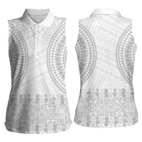 Niue White Sunday Women Sleeveless Polo Shirt Tapu Fanau Ia Puakenikeni Hiapo Pattern LT14 - Polynesian Pride