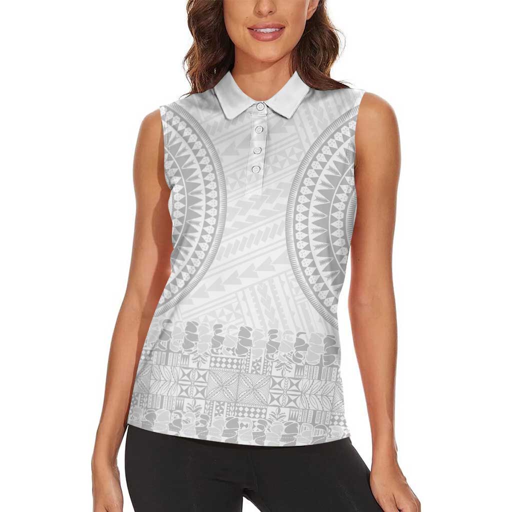 Niue White Sunday Women Sleeveless Polo Shirt Tapu Fanau Ia Puakenikeni Hiapo Pattern LT14 - Polynesian Pride