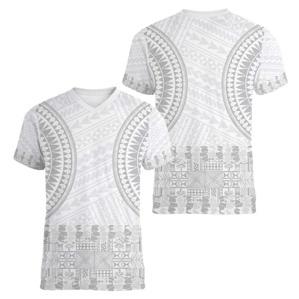 Niue White Sunday Women V-Neck T-Shirt Tapu Fanau Ia Puakenikeni Hiapo Pattern LT14 - Polynesian Pride