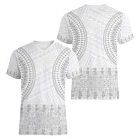Niue White Sunday Women V-Neck T-Shirt Tapu Fanau Ia Puakenikeni Hiapo Pattern LT14 - Polynesian Pride
