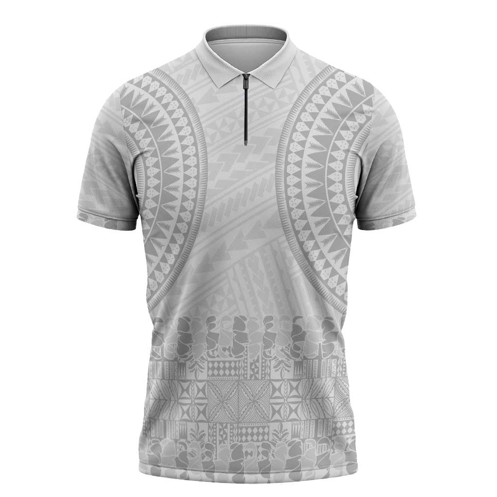 Niue White Sunday Zipper Polo Shirt Tapu Fanau Ia Puakenikeni Hiapo Pattern LT14 White - Polynesian Pride
