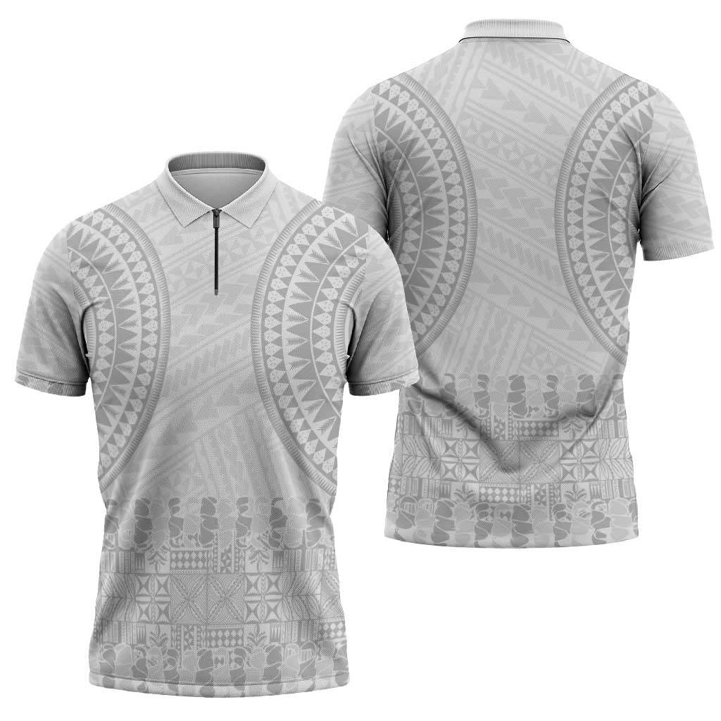 Niue White Sunday Zipper Polo Shirt Tapu Fanau Ia Puakenikeni Hiapo Pattern LT14 - Polynesian Pride
