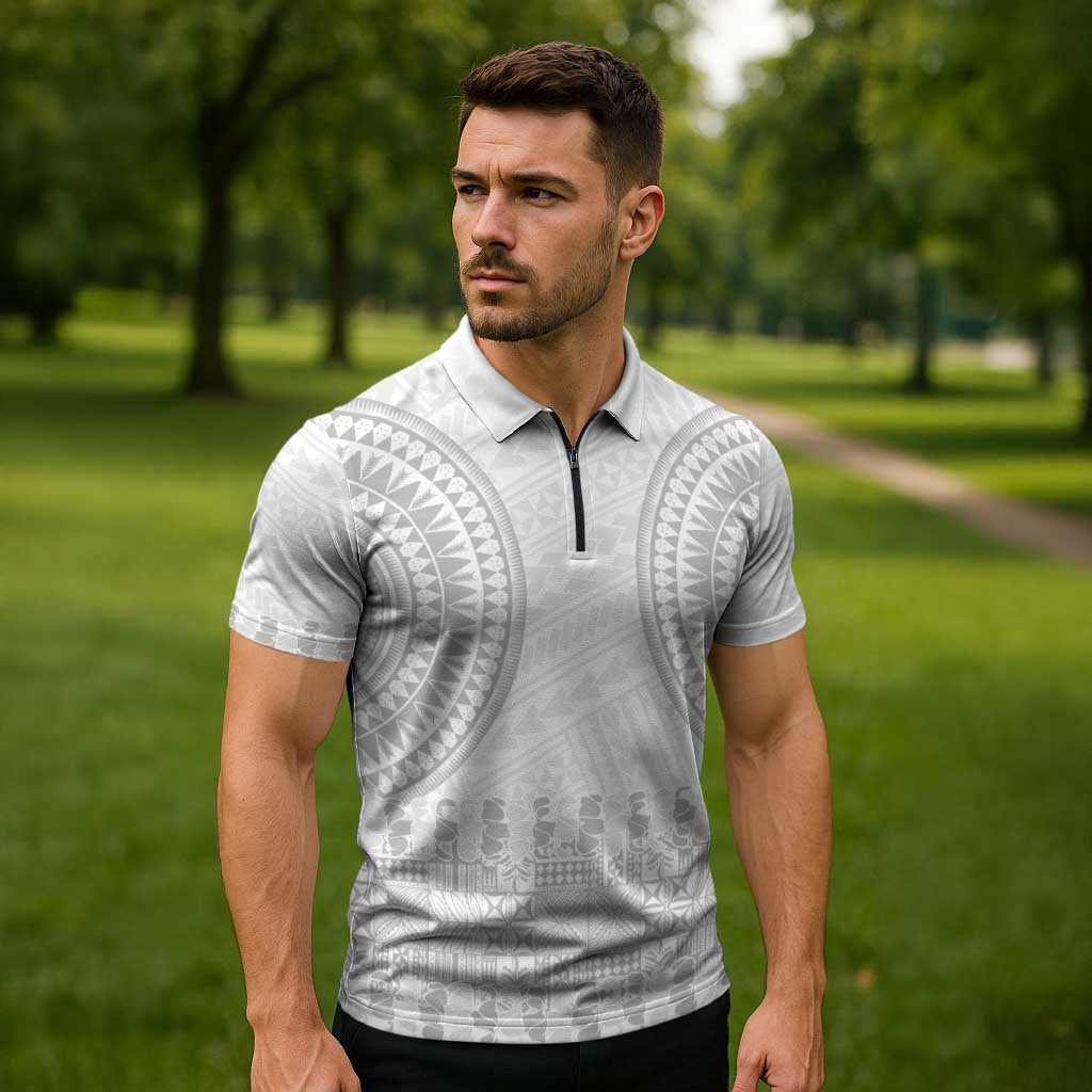 Niue White Sunday Zipper Polo Shirt Tapu Fanau Ia Puakenikeni Hiapo Pattern LT14 - Polynesian Pride