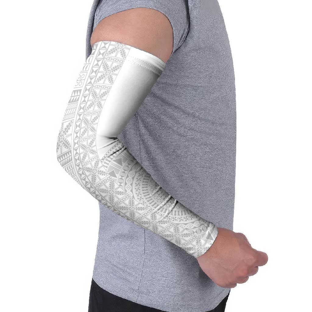 Niue White Sunday Arm Sleeves Half Hiapo Pattern Vibes - Polynesian Pride