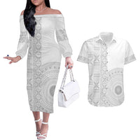 Niue White Sunday Couples Matching Off The Shoulder Long Sleeve Dress and Hawaiian Shirt Half Hiapo Pattern Vibes LT14 White - Polynesian Pride