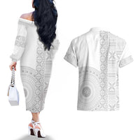Niue White Sunday Couples Matching Off The Shoulder Long Sleeve Dress and Hawaiian Shirt Half Hiapo Pattern Vibes LT14 - Polynesian Pride