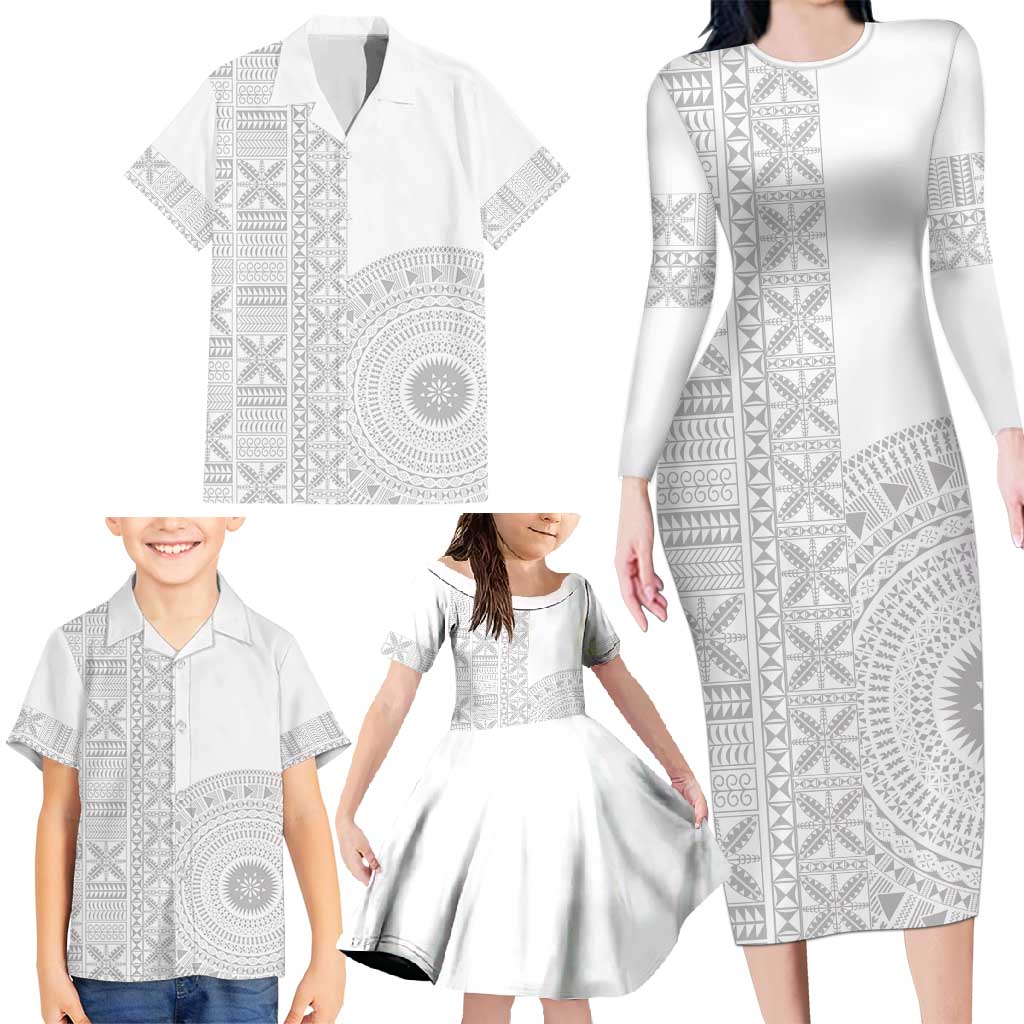 Niue White Sunday Family Matching Long Sleeve Bodycon Dress and Hawaiian Shirt Half Hiapo Pattern Vibes LT14 - Polynesian Pride