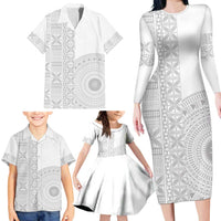 Niue White Sunday Family Matching Long Sleeve Bodycon Dress and Hawaiian Shirt Half Hiapo Pattern Vibes LT14 - Polynesian Pride