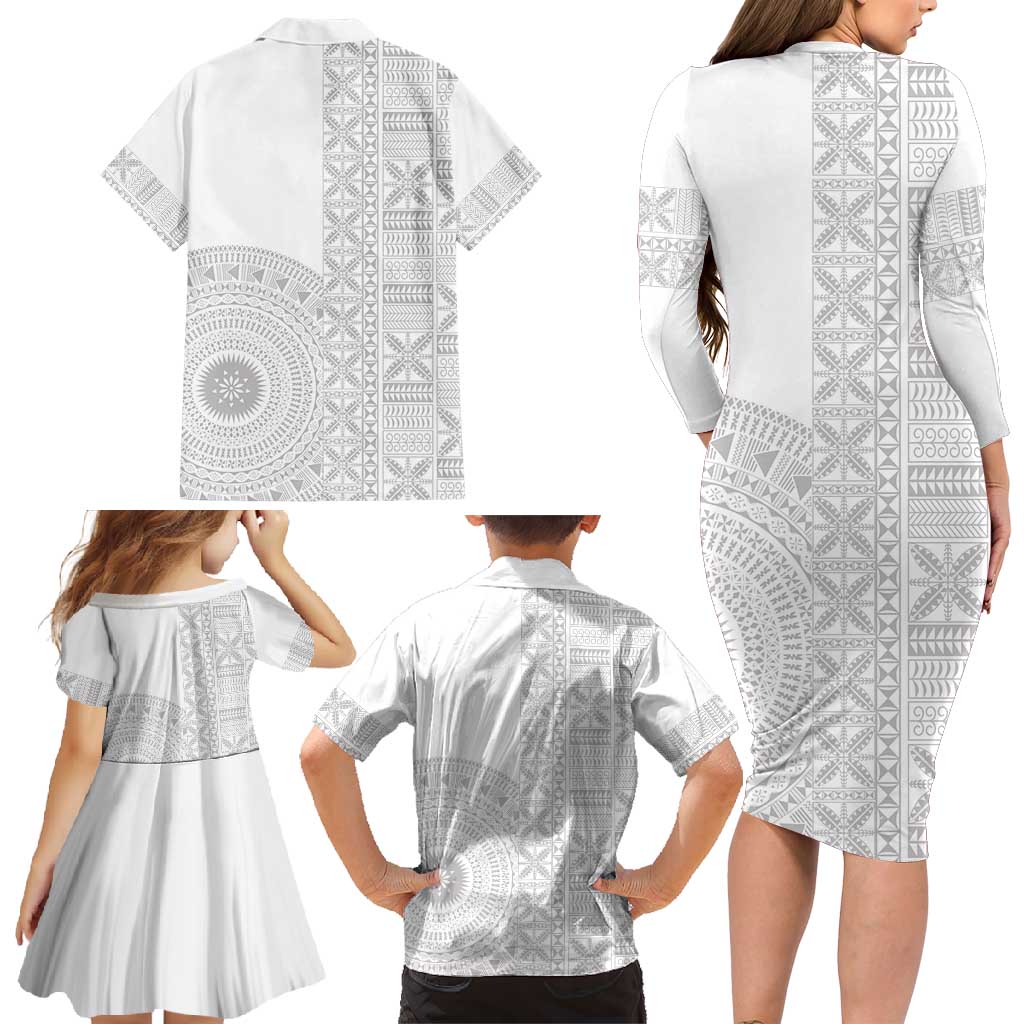 Niue White Sunday Family Matching Long Sleeve Bodycon Dress and Hawaiian Shirt Half Hiapo Pattern Vibes LT14 - Polynesian Pride