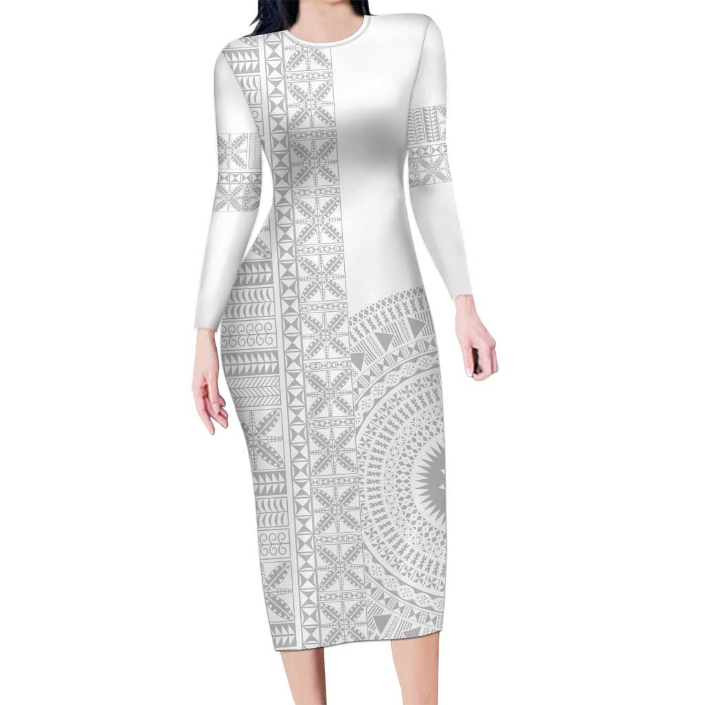 Niue White Sunday Family Matching Long Sleeve Bodycon Dress and Hawaiian Shirt Half Hiapo Pattern Vibes LT14 Mom's Dress White - Polynesian Pride