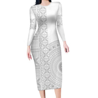 Niue White Sunday Family Matching Long Sleeve Bodycon Dress and Hawaiian Shirt Half Hiapo Pattern Vibes LT14 Mom's Dress White - Polynesian Pride