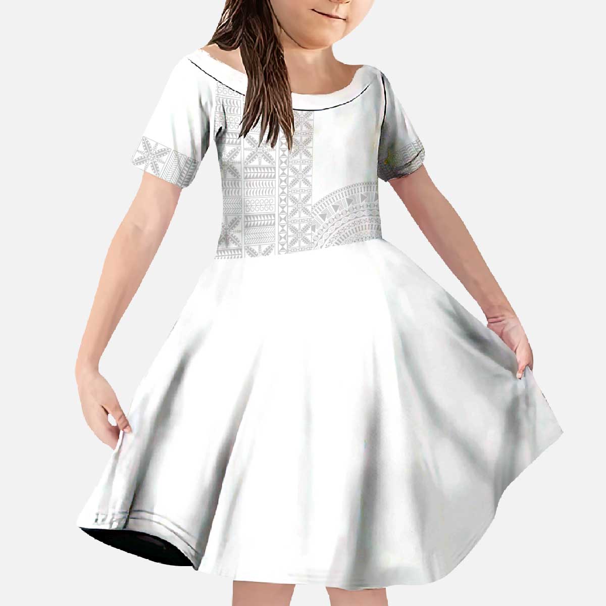 Niue White Sunday Family Matching Off The Shoulder Long Sleeve Dress and Hawaiian Shirt Half Hiapo Pattern Vibes LT14 Daughter's Dress White - Polynesian Pride