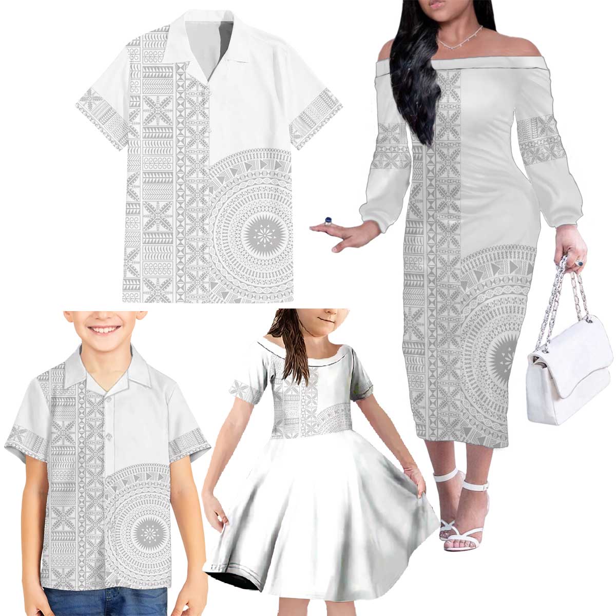 Niue White Sunday Family Matching Off The Shoulder Long Sleeve Dress and Hawaiian Shirt Half Hiapo Pattern Vibes LT14 - Polynesian Pride