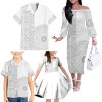 Niue White Sunday Family Matching Off The Shoulder Long Sleeve Dress and Hawaiian Shirt Half Hiapo Pattern Vibes LT14 - Polynesian Pride