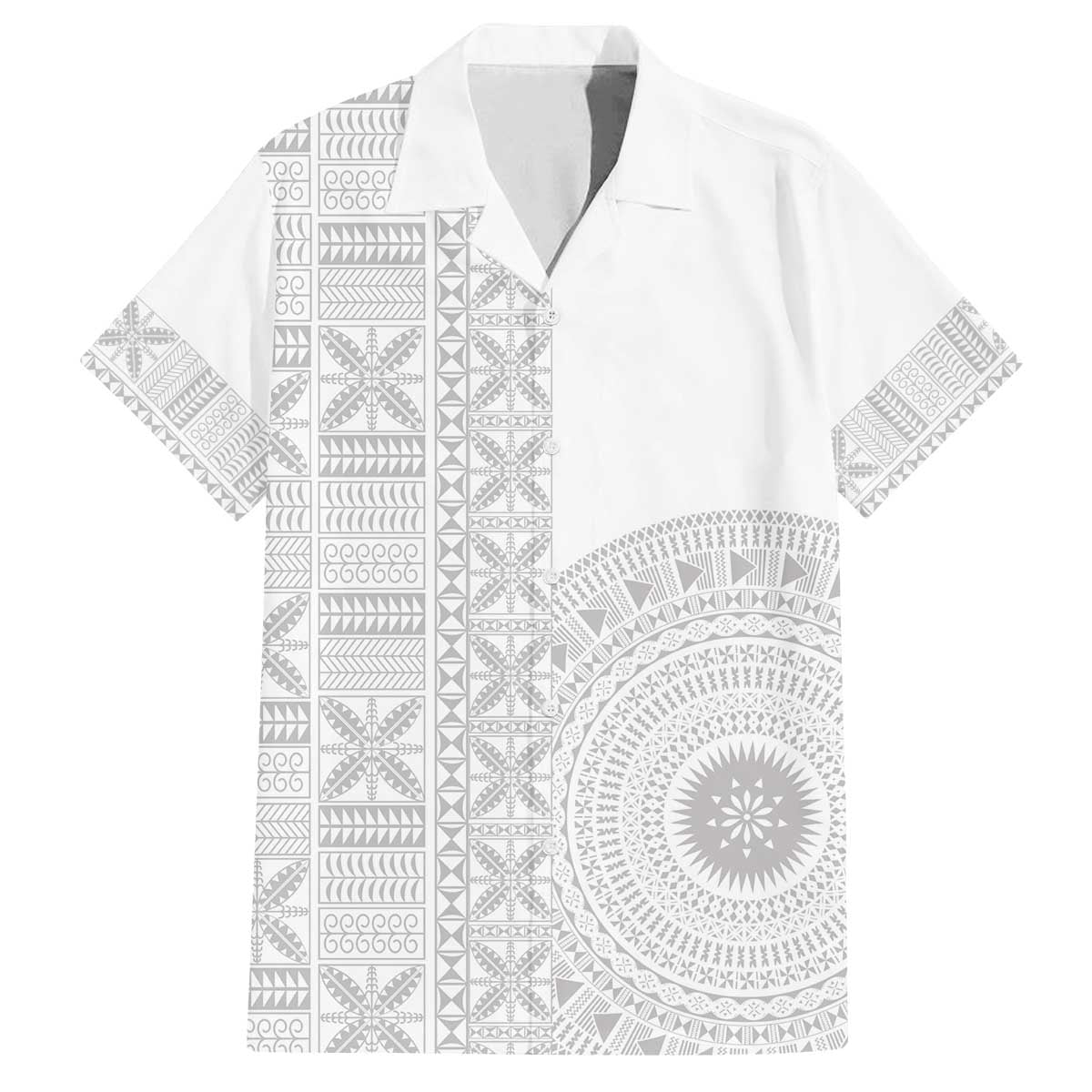 Niue White Sunday Family Matching Off The Shoulder Long Sleeve Dress and Hawaiian Shirt Half Hiapo Pattern Vibes LT14 Dad's Shirt - Short Sleeve White - Polynesian Pride