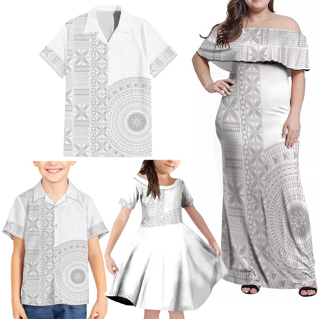 Niue White Sunday Family Matching Off Shoulder Maxi Dress and Hawaiian Shirt Half Hiapo Pattern Vibes LT14 - Polynesian Pride