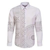 Niue White Sunday Family Matching Off Shoulder Maxi Dress and Hawaiian Shirt Half Hiapo Pattern Vibes LT14 Dad's Shirt - Long Sleeve White - Polynesian Pride