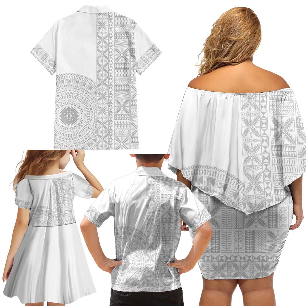 Niue White Sunday Family Matching Off Shoulder Short Dress and Hawaiian Shirt Half Hiapo Pattern Vibes LT14 - Polynesian Pride