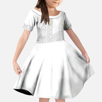 Niue White Sunday Family Matching Short Sleeve Bodycon Dress and Hawaiian Shirt Half Hiapo Pattern Vibes LT14 Daughter's Dress White - Polynesian Pride