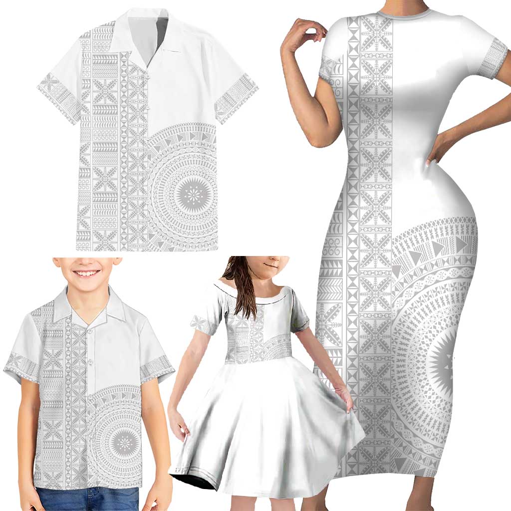 Niue White Sunday Family Matching Short Sleeve Bodycon Dress and Hawaiian Shirt Half Hiapo Pattern Vibes LT14 - Polynesian Pride