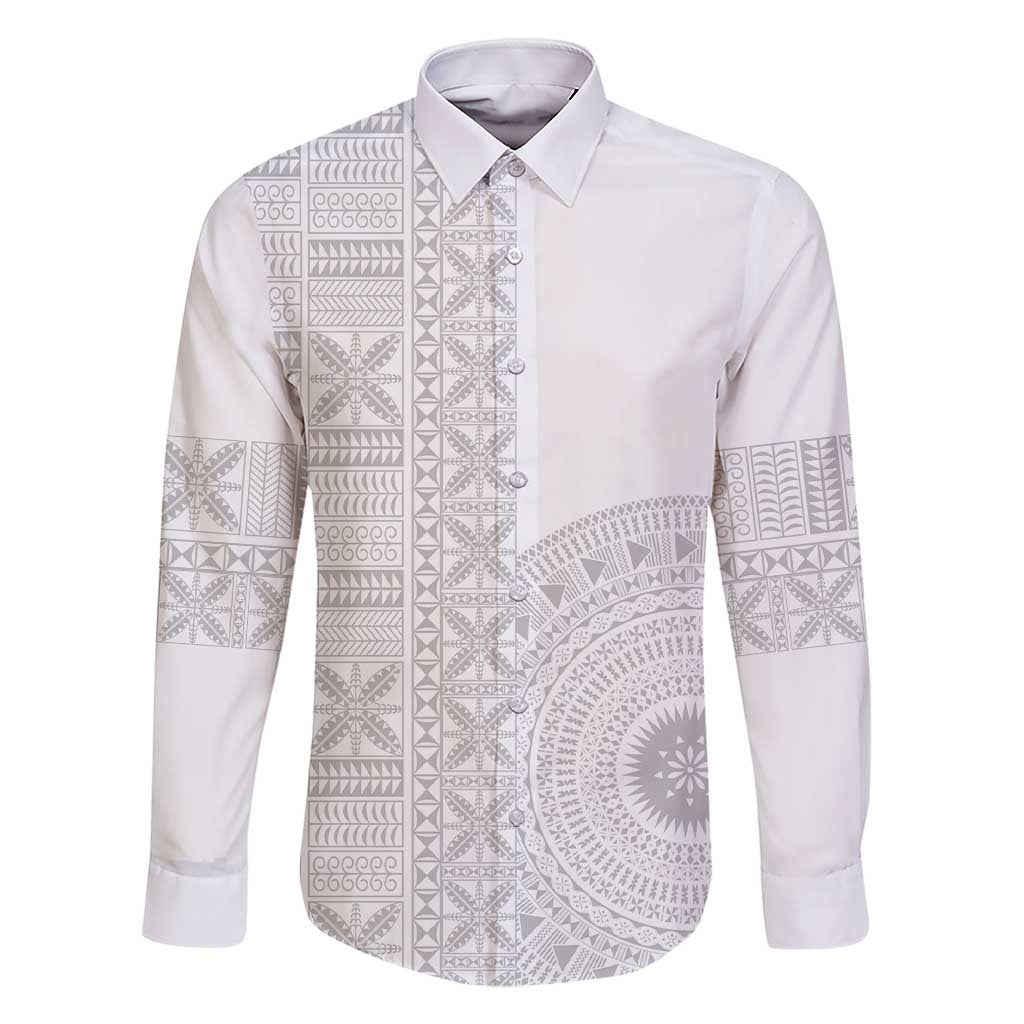 Niue White Sunday Family Matching Short Sleeve Bodycon Dress and Hawaiian Shirt Half Hiapo Pattern Vibes LT14 Dad's Shirt - Long Sleeve White - Polynesian Pride