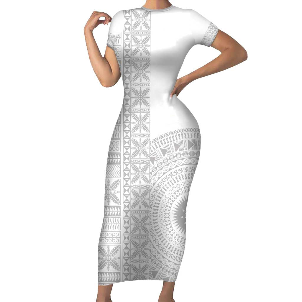 Niue White Sunday Family Matching Short Sleeve Bodycon Dress and Hawaiian Shirt Half Hiapo Pattern Vibes LT14 Mom's Dress White - Polynesian Pride
