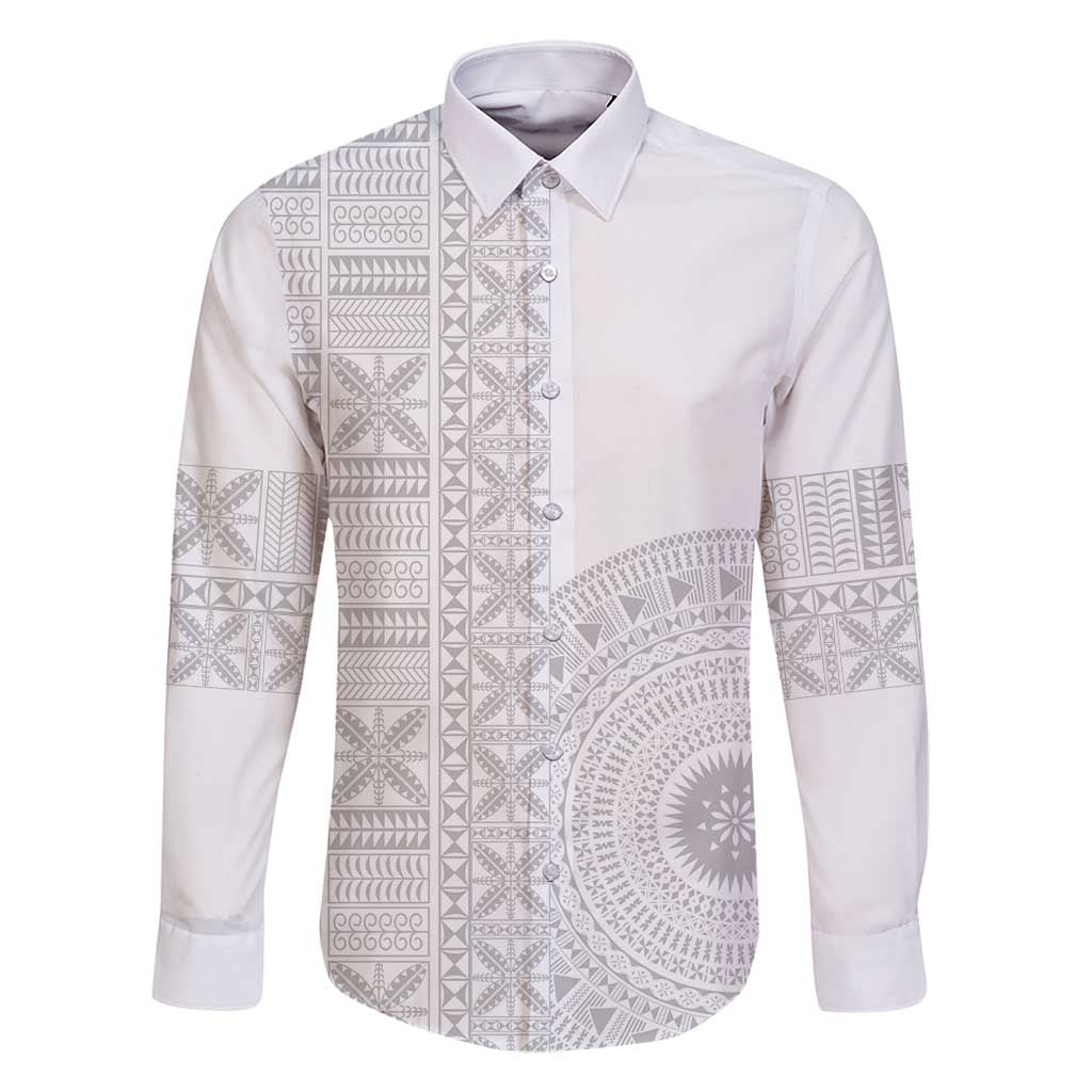Niue White Sunday Family Matching Summer Maxi Dress and Hawaiian Shirt Half Hiapo Pattern Vibes LT14 Dad's Shirt - Long Sleeve White - Polynesian Pride