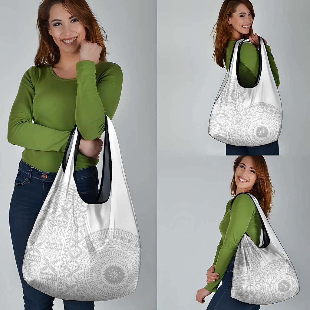 Niue White Sunday Grocery Bag Half Hiapo Pattern Vibes - Polynesian Pride
