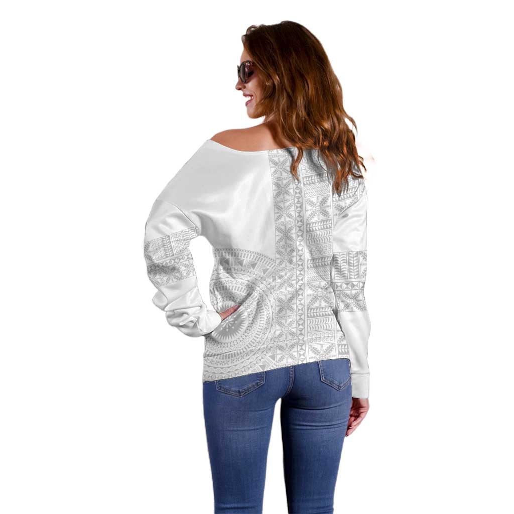 Niue White Sunday Off Shoulder Sweater Half Hiapo Pattern Vibes - Polynesian Pride