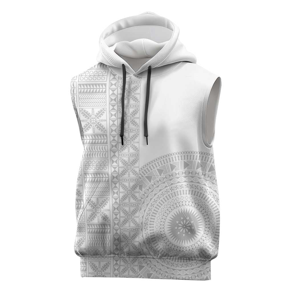 Niue White Sunday Sleeveless Hoodie Half Hiapo Pattern Vibes LT14 White - Polynesian Pride
