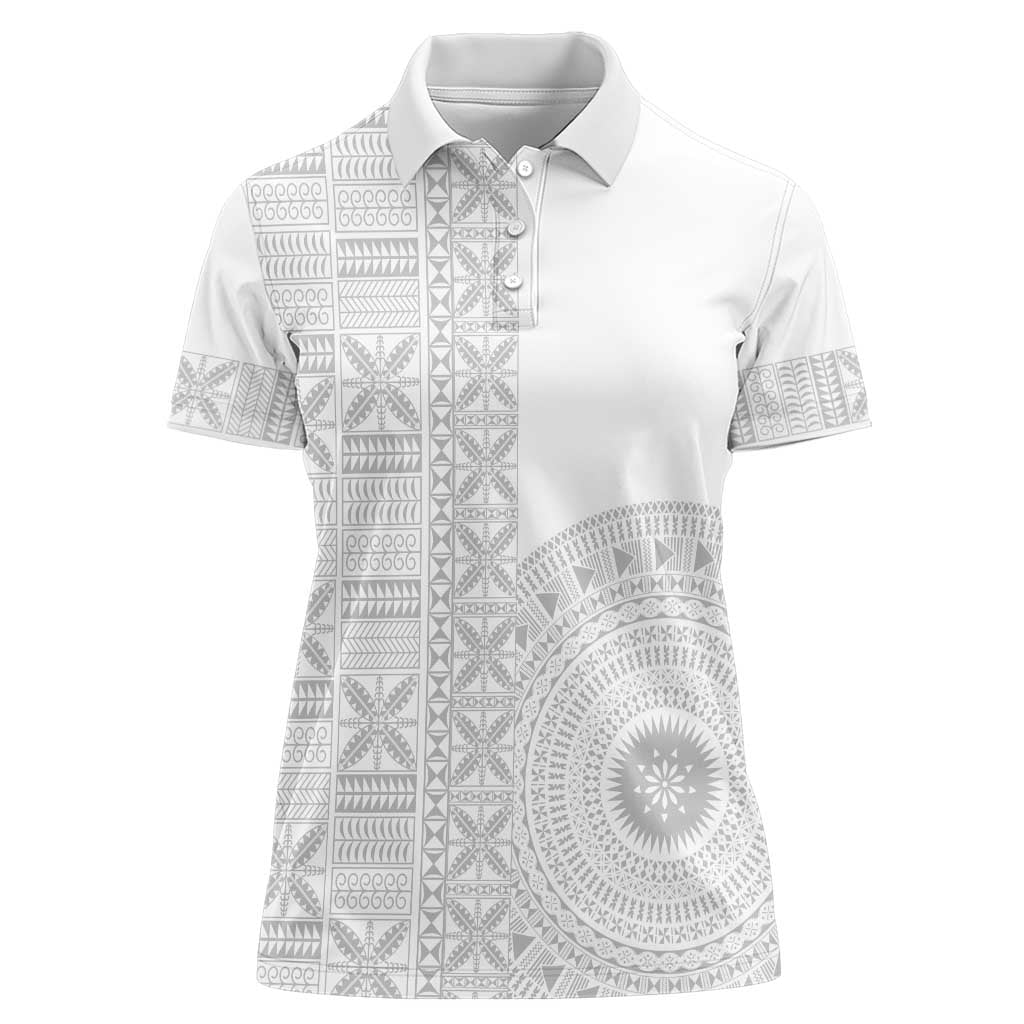 Niue White Sunday Women Polo Shirt Half Hiapo Pattern Vibes - Polynesian Pride