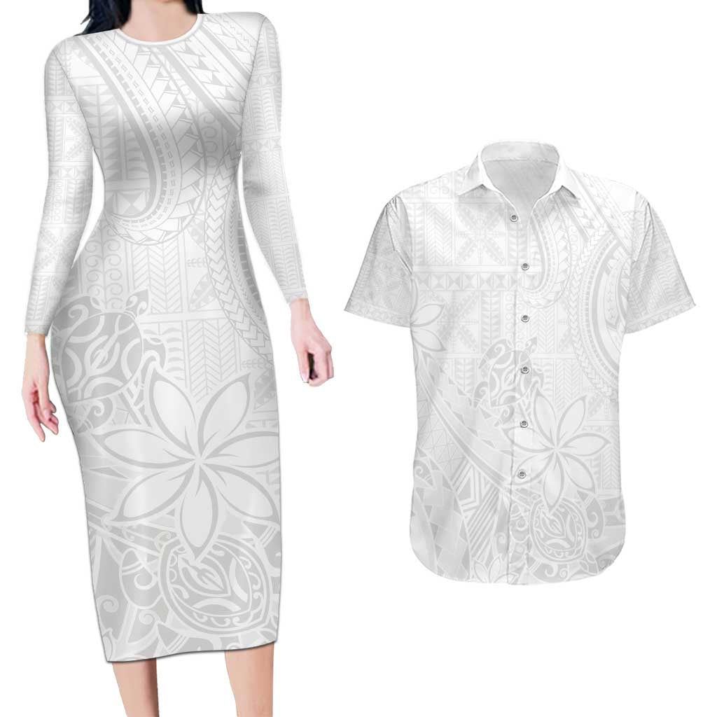 Tapu Fanau Ia Niue Couples Matching Long Sleeve Bodycon Dress and Hawaiian Shirt Happy White Sunday Unique Hiapo LT14 White - Polynesian Pride