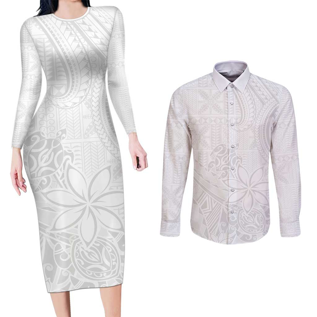 Tapu Fanau Ia Niue Couples Matching Long Sleeve Bodycon Dress and Long Sleeve Button Shirt Happy White Sunday Unique Hiapo LT14 White - Polynesian Pride