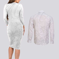 Tapu Fanau Ia Niue Couples Matching Long Sleeve Bodycon Dress and Long Sleeve Button Shirt Happy White Sunday Unique Hiapo LT14 - Polynesian Pride