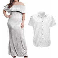 Tapu Fanau Ia Niue Couples Matching Off Shoulder Maxi Dress and Hawaiian Shirt Happy White Sunday Unique Hiapo LT14 White - Polynesian Pride