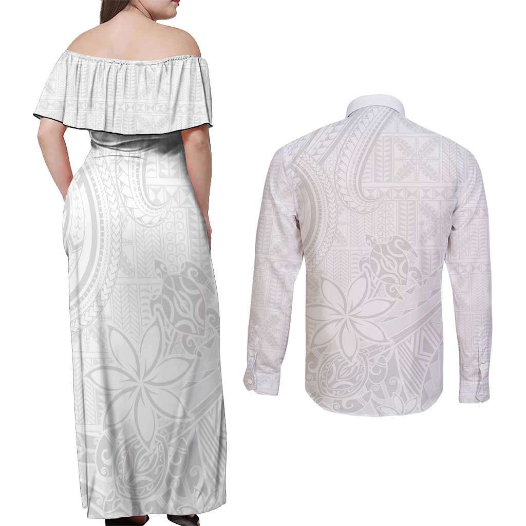 Tapu Fanau Ia Niue Couples Matching Off Shoulder Maxi Dress and Long Sleeve Button Shirt Happy White Sunday Unique Hiapo LT14 - Polynesian Pride