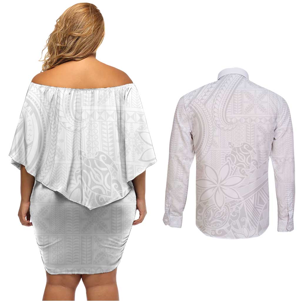 Tapu Fanau Ia Niue Couples Matching Off Shoulder Short Dress and Long Sleeve Button Shirt Happy White Sunday Unique Hiapo LT14 - Polynesian Pride