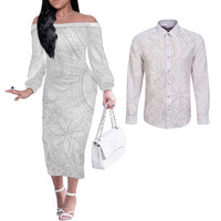 Tapu Fanau Ia Niue Couples Matching Off The Shoulder Long Sleeve Dress and Long Sleeve Button Shirt Happy White Sunday Unique Hiapo LT14 White - Polynesian Pride
