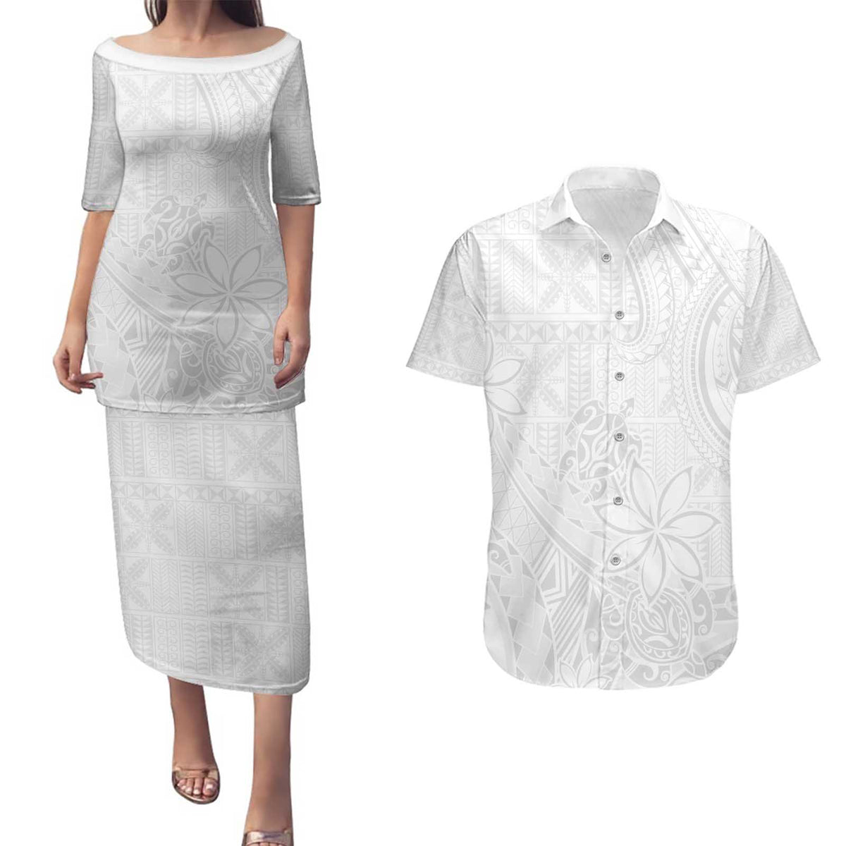 Tapu Fanau Ia Niue Couples Matching Puletasi and Hawaiian Shirt Happy White Sunday Unique Hiapo LT14 White - Polynesian Pride