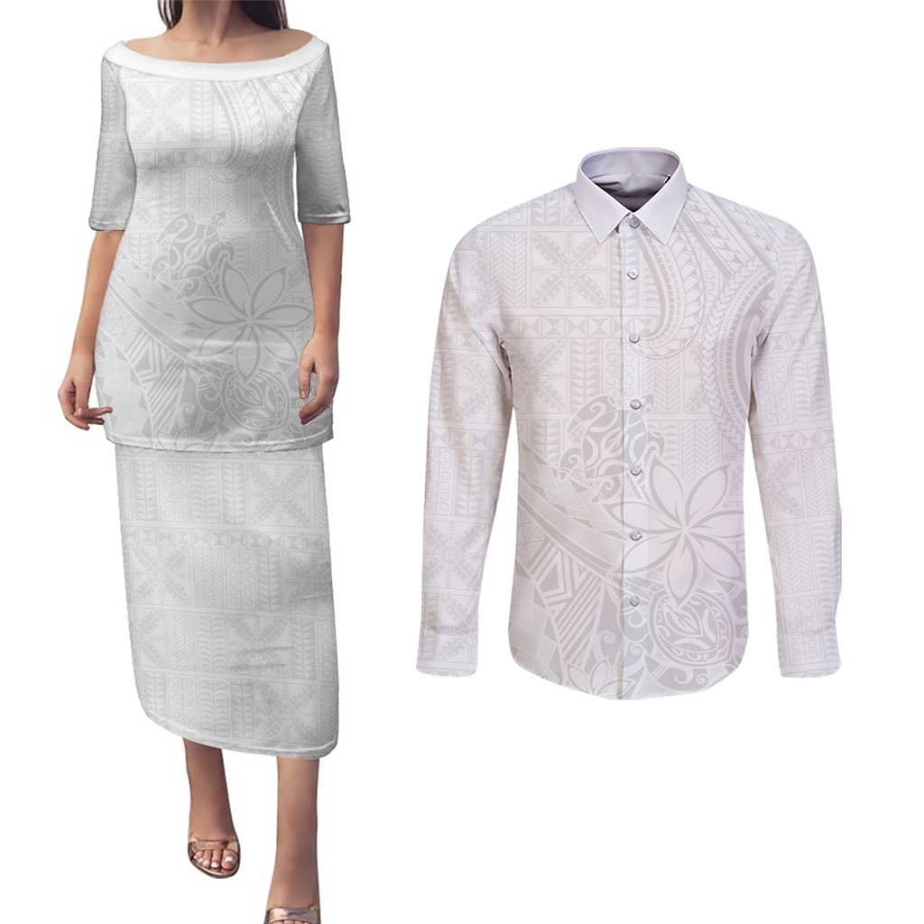 Tapu Fanau Ia Niue Couples Matching Puletasi and Long Sleeve Button Shirt Happy White Sunday Unique Hiapo LT14 White - Polynesian Pride
