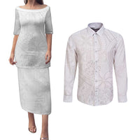 Tapu Fanau Ia Niue Couples Matching Puletasi and Long Sleeve Button Shirt Happy White Sunday Unique Hiapo LT14 White - Polynesian Pride