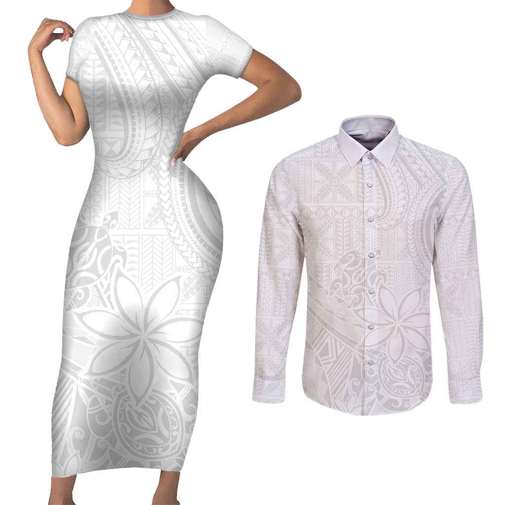 Tapu Fanau Ia Niue Couples Matching Short Sleeve Bodycon Dress and Long Sleeve Button Shirt Happy White Sunday Unique Hiapo LT14 White - Polynesian Pride