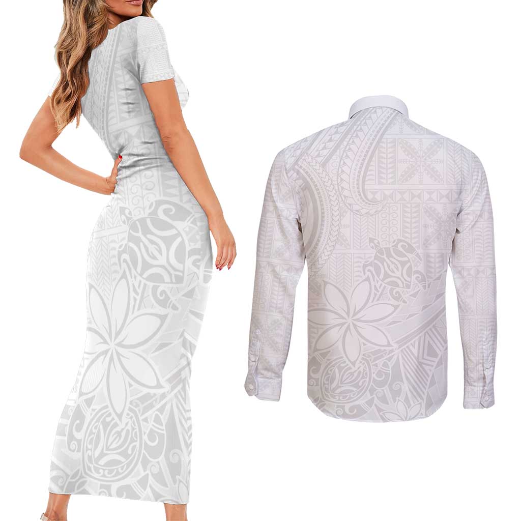 Tapu Fanau Ia Niue Couples Matching Short Sleeve Bodycon Dress and Long Sleeve Button Shirt Happy White Sunday Unique Hiapo LT14 - Polynesian Pride