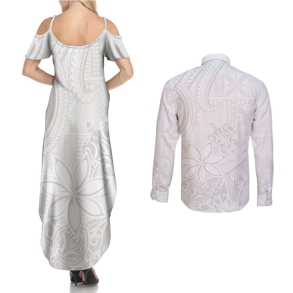 Tapu Fanau Ia Niue Couples Matching Summer Maxi Dress and Long Sleeve Button Shirt Happy White Sunday Unique Hiapo LT14 - Polynesian Pride