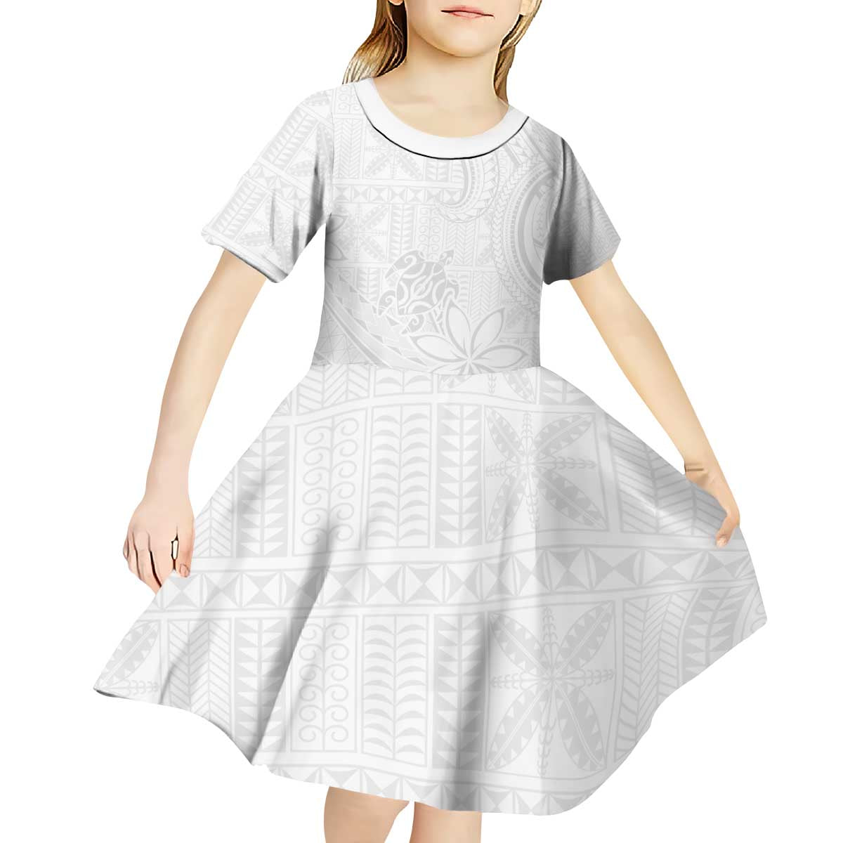 Tapu Fanau Ia Niue Kid Short Sleeve Dress Happy White Sunday Unique Hiapo LT14 - Polynesian Pride