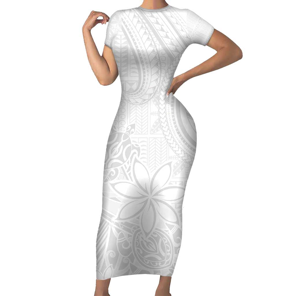 Tapu Fanau Ia Niue Short Sleeve Bodycon Dress Happy White Sunday Unique Hiapo LT14 Long Dress White - Polynesian Pride