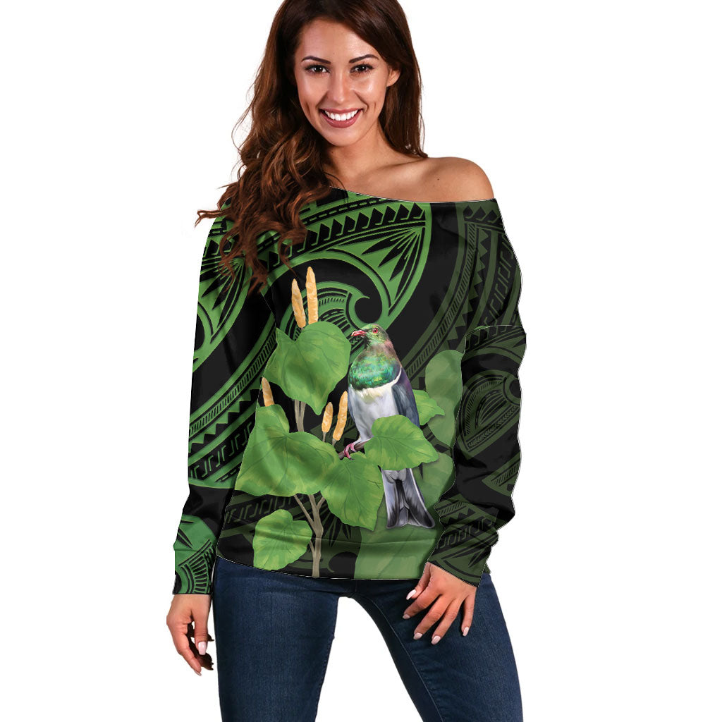 Kawakawa Rongoa Maori Kereru New Zealand Off Shoulder Sweater LT14 Women Green - Polynesian Pride