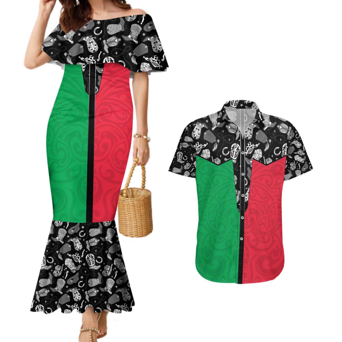 Vanuatu Cowboy Couples Matching Mermaid Dress and Hawaiian Shirt Cowboy Symbols Split Stylized - Polynesian Pride
